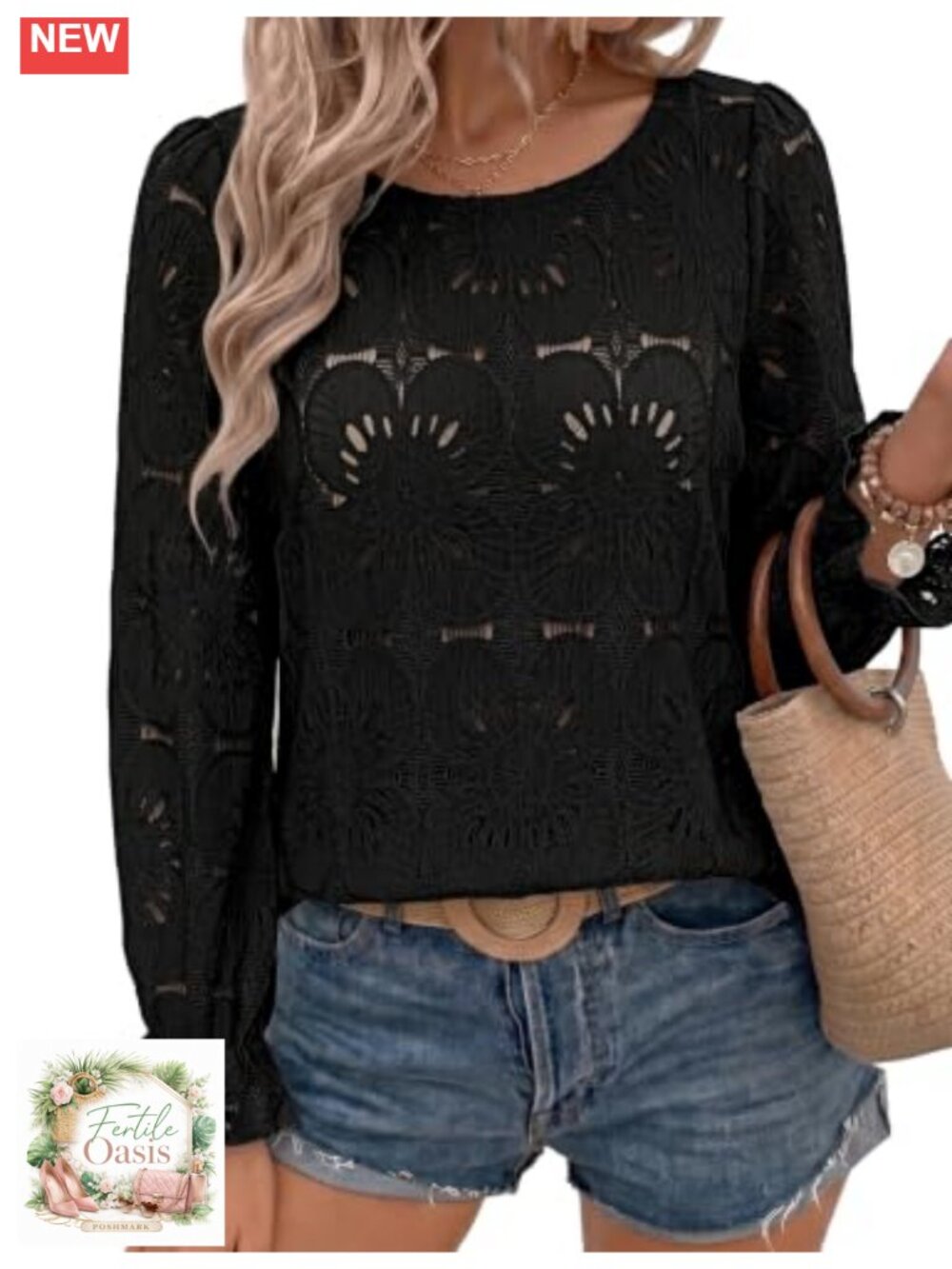 Women's Eyelet Lace Ruffle Long Sleeve Blouse - Lightweight Cotton Blend